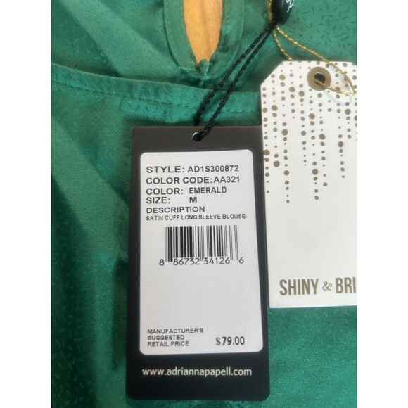 Adrianna Papell Women’s Top Med Shiny & Bright Emerald Long Sleeve Ruffle Cuff - Picture 7 of 14